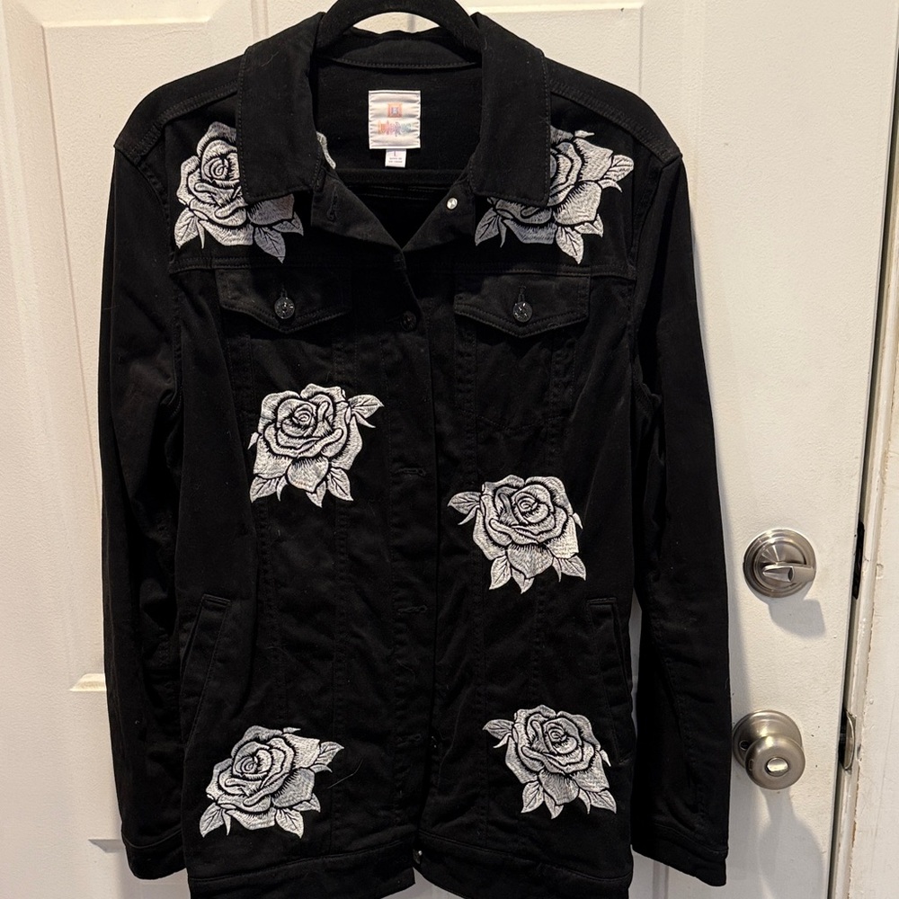 LuLaRoe Black Jean Jacket with White Rose Embroidery